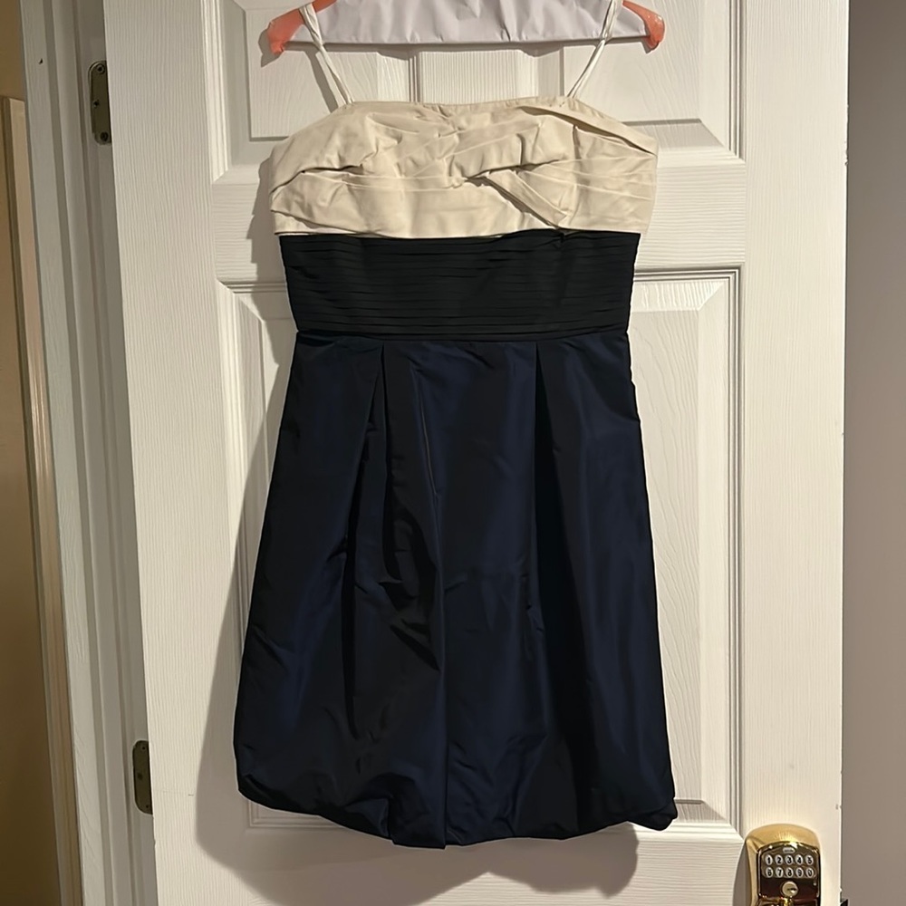 Cream, black and navy blue strapless BCBG Mini dress